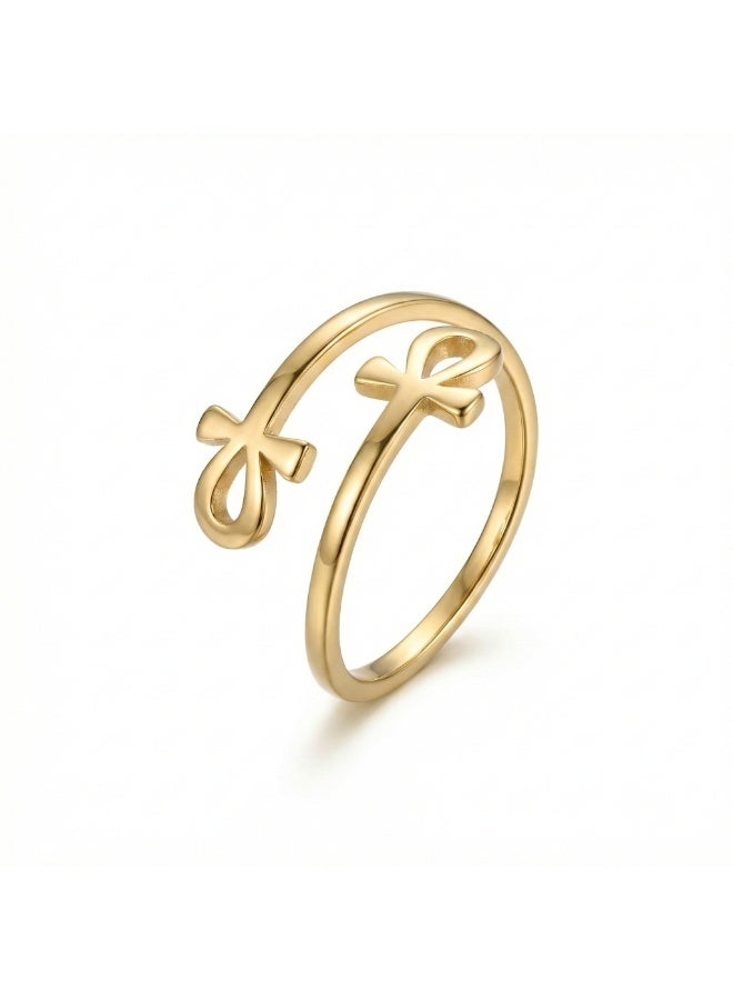 Double Ankh Ring – 316 Stainless Steel – Free Size – Gold Egyptian Life Symbol × Eternal Protection – Anti‑Rust & Anti‑Fade - Image 1
